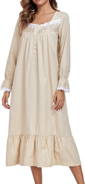 100% Cotton Victorian Nightgown for Women - Long Sleeve, With Pockets
