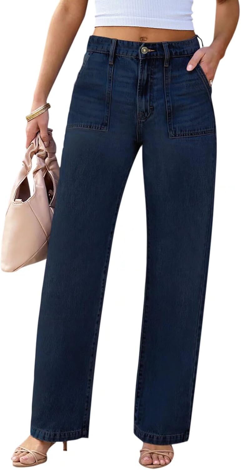 Womens Wide Leg Jeans High Waisted Carpenter Cargo Casual Style