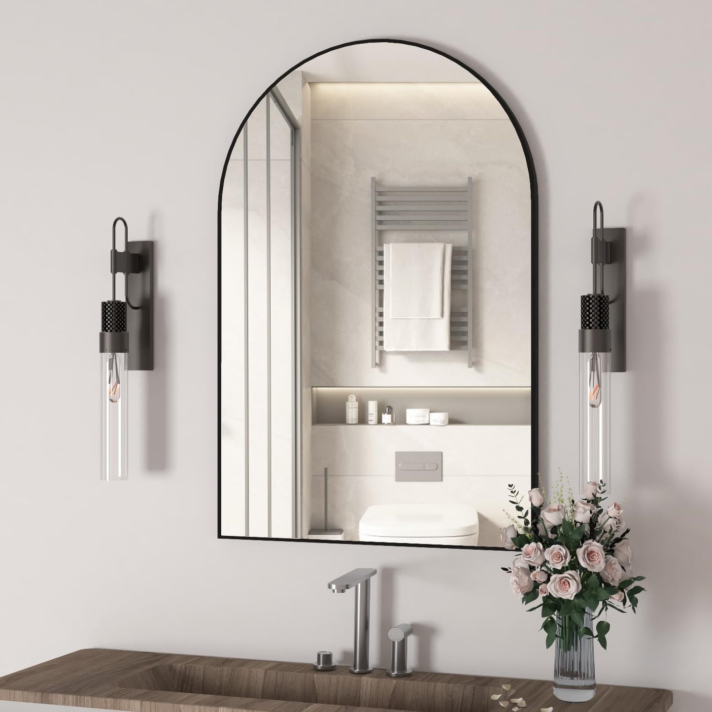 Arched Wall Mirror for Bathroom, 24x36 Black Vanity Decor