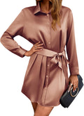 Zeagoo Satin Button Down Mini Dress with Belt - Casual V-Neck