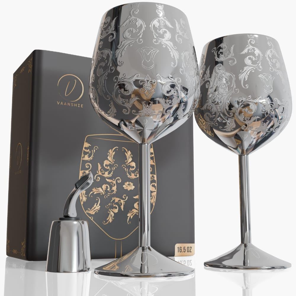 17oz Stainless Steel Wine Glasses Set of 2 with Baroque Engravings