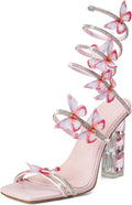 Womens Lace Up Rhinestone Butterfly Block Heel Sandals - Elegant Lift