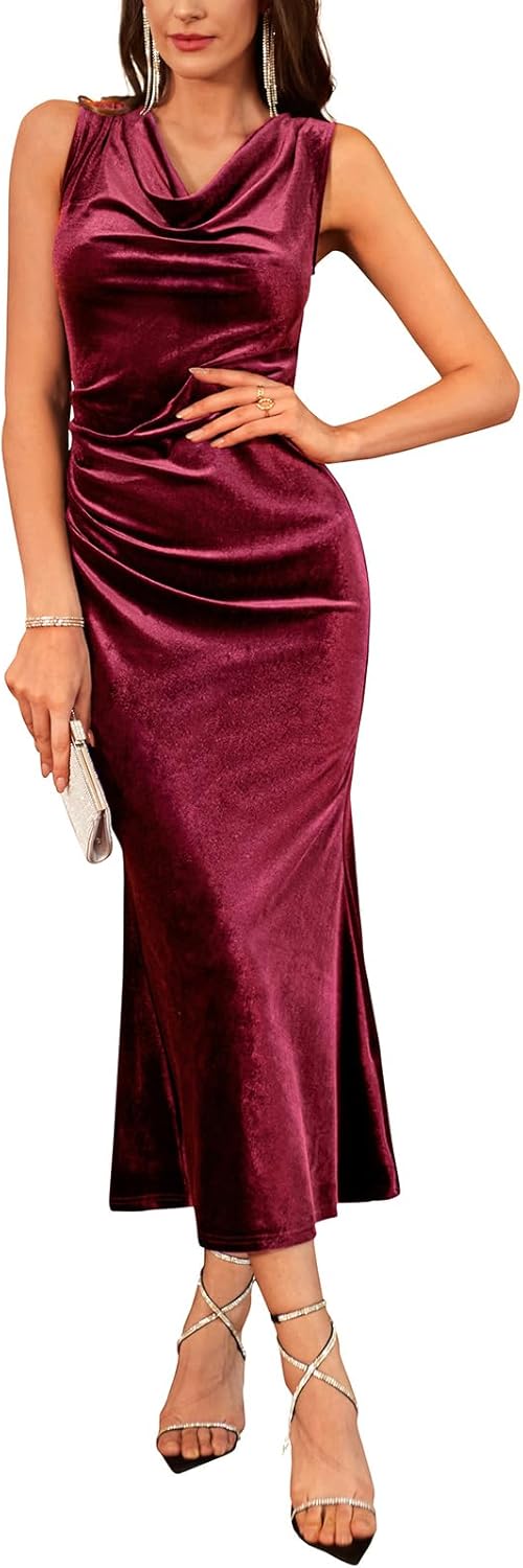 Cowl Neck Long Formal Dresses for Women - Elegant Velvet Maxi