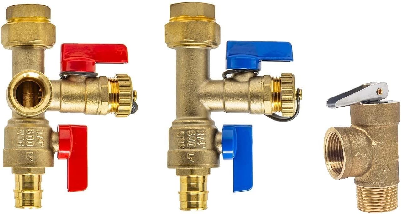 Libra Supply 3/4'' Expansion PEX Isolation Valve Kit - Pressure Relief Valve - Rheem, Rinai, Navien
