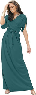 KOH KOH Formal Short Sleeve Cocktail Flowy V-Neck Gown - Elegant Fit