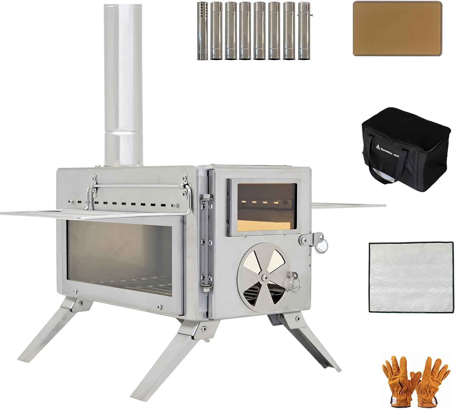 Portable Camping Wood Stove with View Glass, Cooking Function & 8 Chimneys