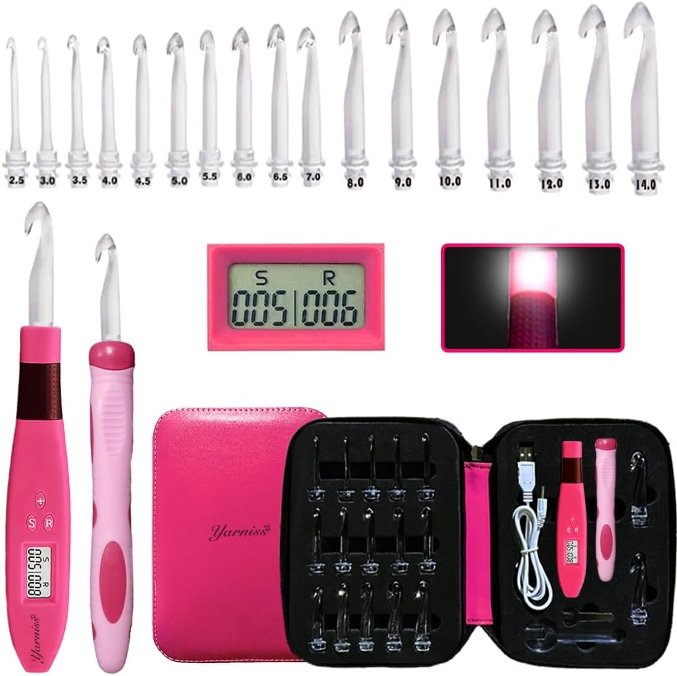 Light Up Crochet Hooks Set with Stitch & Row Counter Features