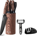 Knife Set 9 Piece Kitchen Knife Set with Block and Sharpener - Wood
