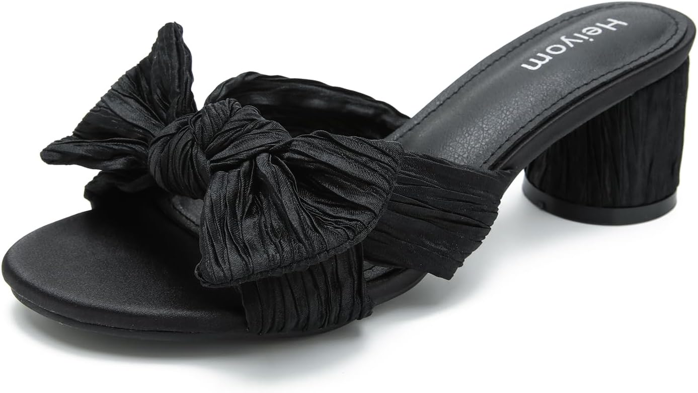 Women's Bowknot Low Chunky Heels Mules Sandals for Weddings