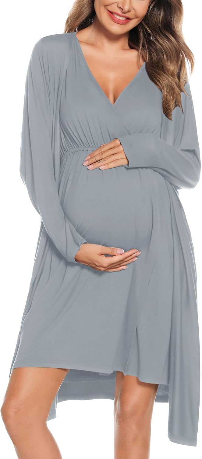 SWOMOG Women Maternity Nursing Gown and Robe Set for Comfort