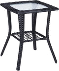 Black Wicker Outdoor Side Table with Storage Shelf - Tempered Glass