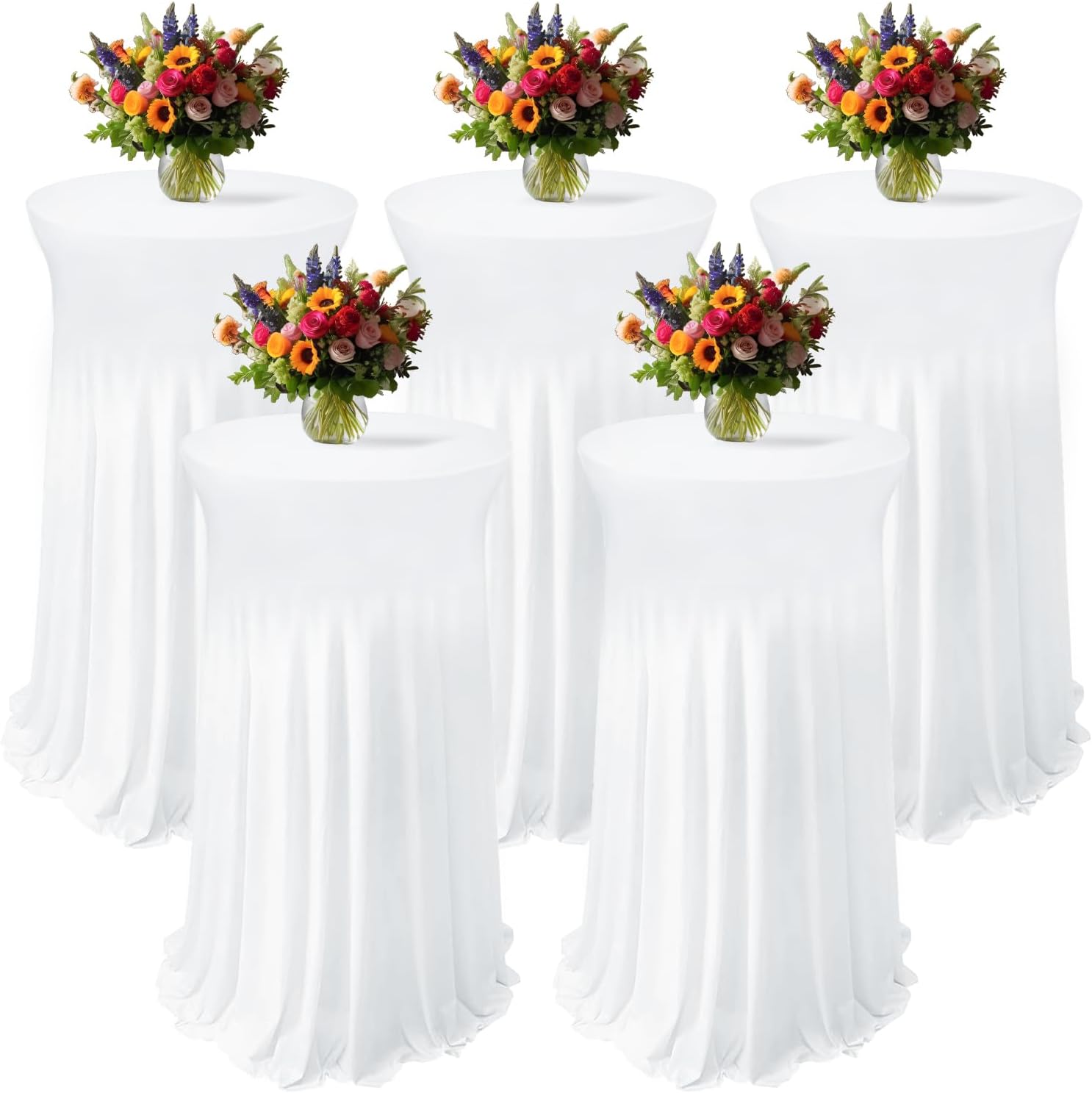5 Pack White Round Spandex Cocktail Tablecloths for Events