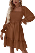LYANER Square Neck Lantern Long Sleeve Ruffle Shirred Mini Dress Shoes