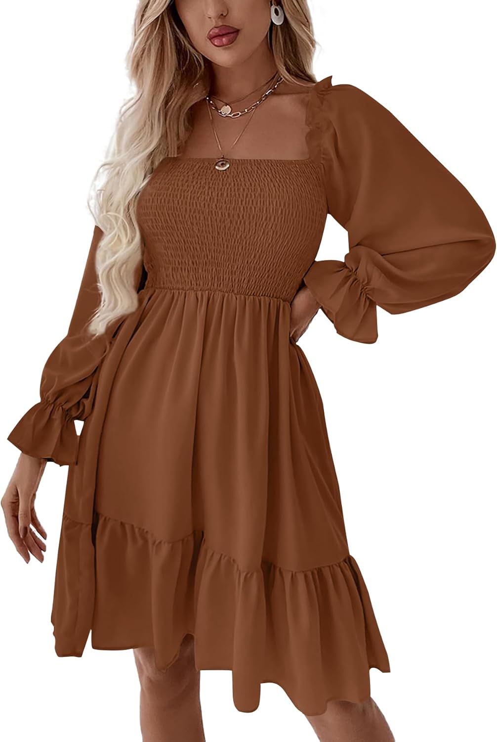 LYANER Women's Square Neck Lantern Long Sleeve Ruffle Dress