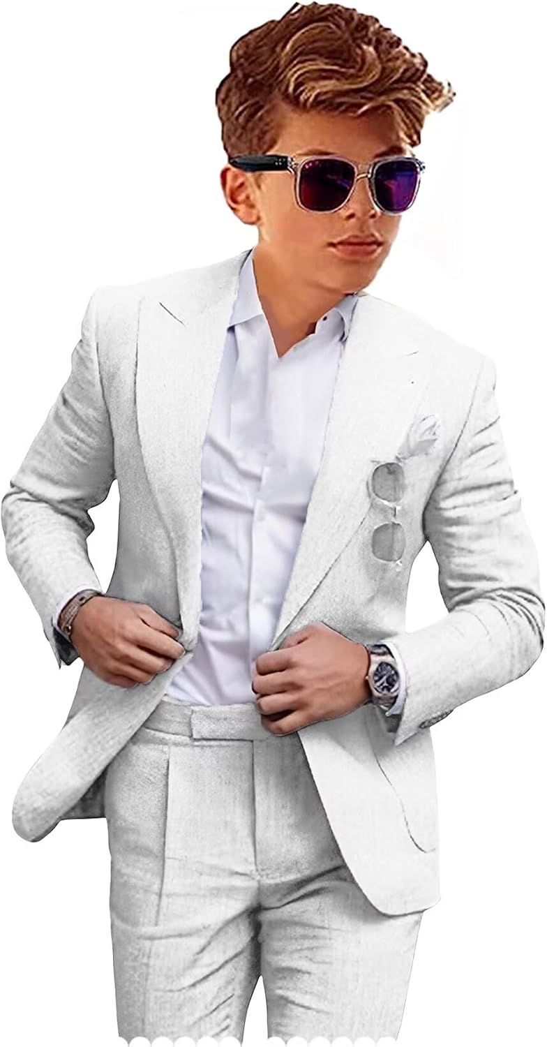 Boys Linen Suits Casual 2 Piece Summer Beach Wedding Tuxedo