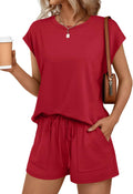 AUTOMET Womens Crew Neck Two Piece Short Sets - Comfortable Summer LOW