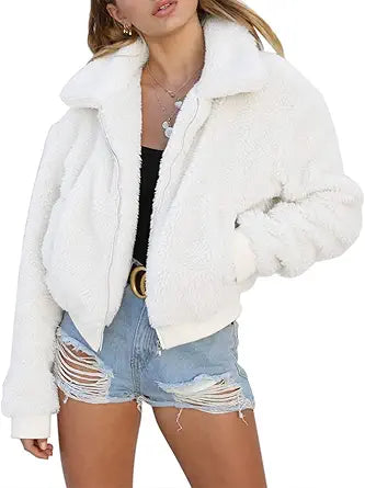 AKEWEI Women's Short Faux Fur Coat Casual Shaggy Jacket