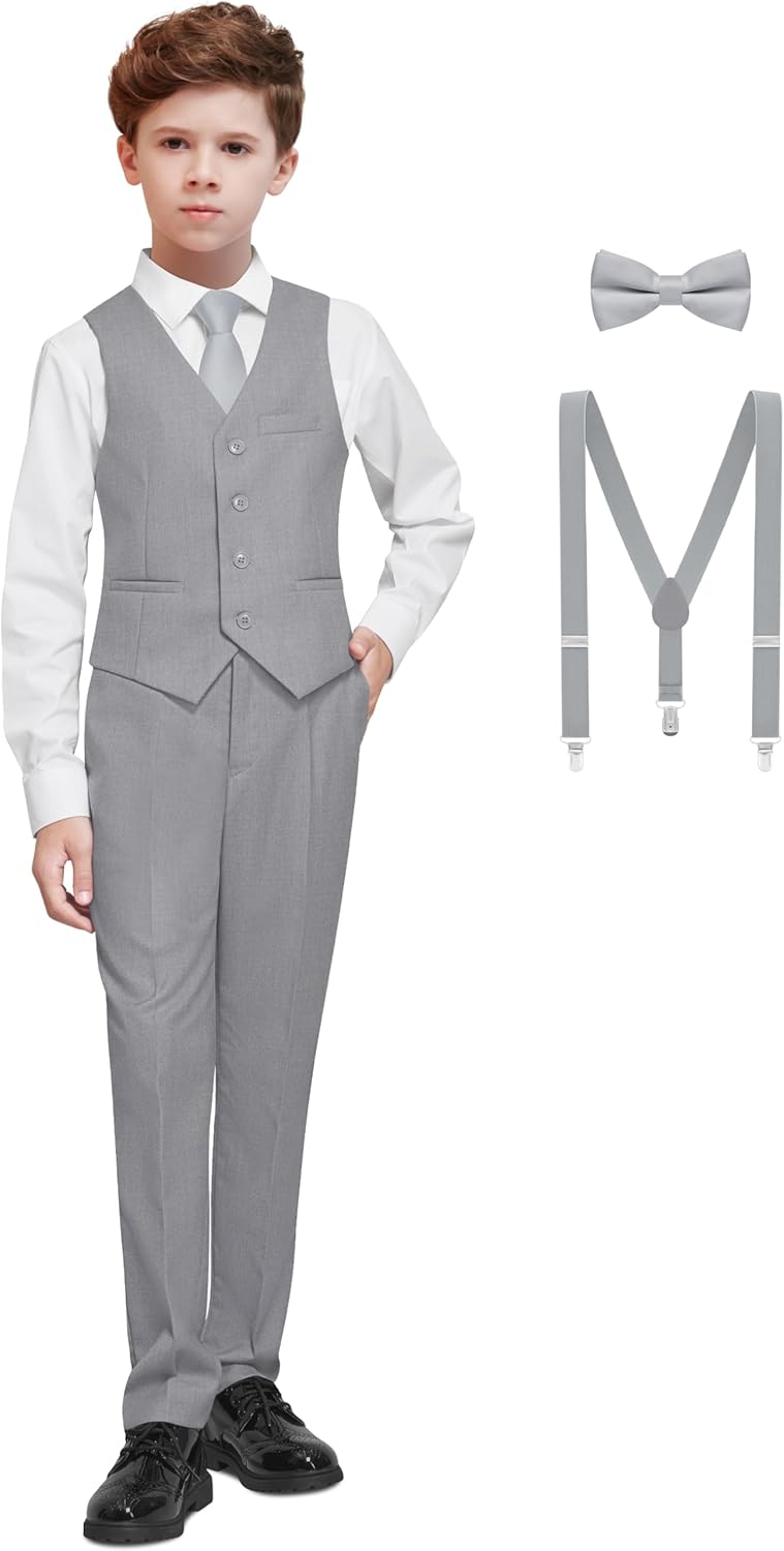 Boys' Formal Dresswear Suits Set with Suspenders and Adjustable Waist