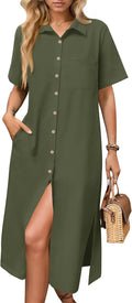 Womens Linen Shirt Midi Dress Casual Button Down with Pockets