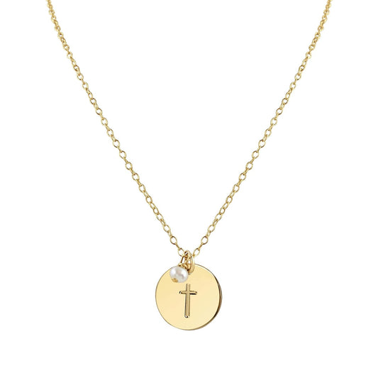 Handmade Gold Cross Necklace with Freshwater Pearl Charm