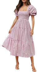 Bohemian Plaid Square Neck Puff Sleeve Midi Dress - Flattering
