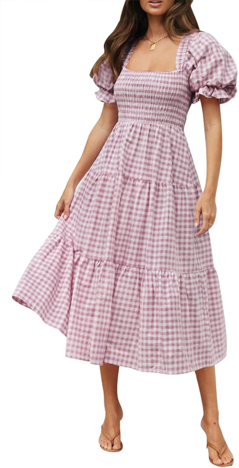 ZESICA Women's Bohemian Summer Midi Dress with Puff Sleeves