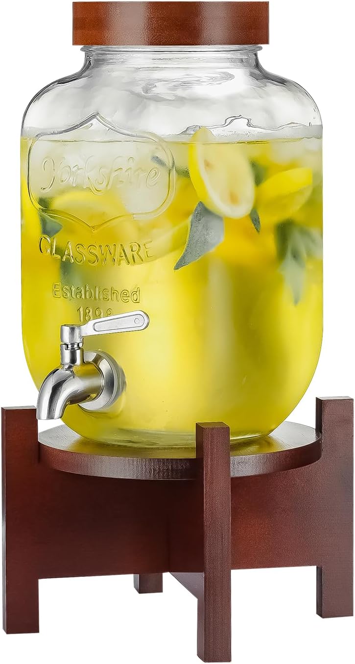 1 Gallon Glass Drink Dispenser with Acacia Wood Stand for Parties