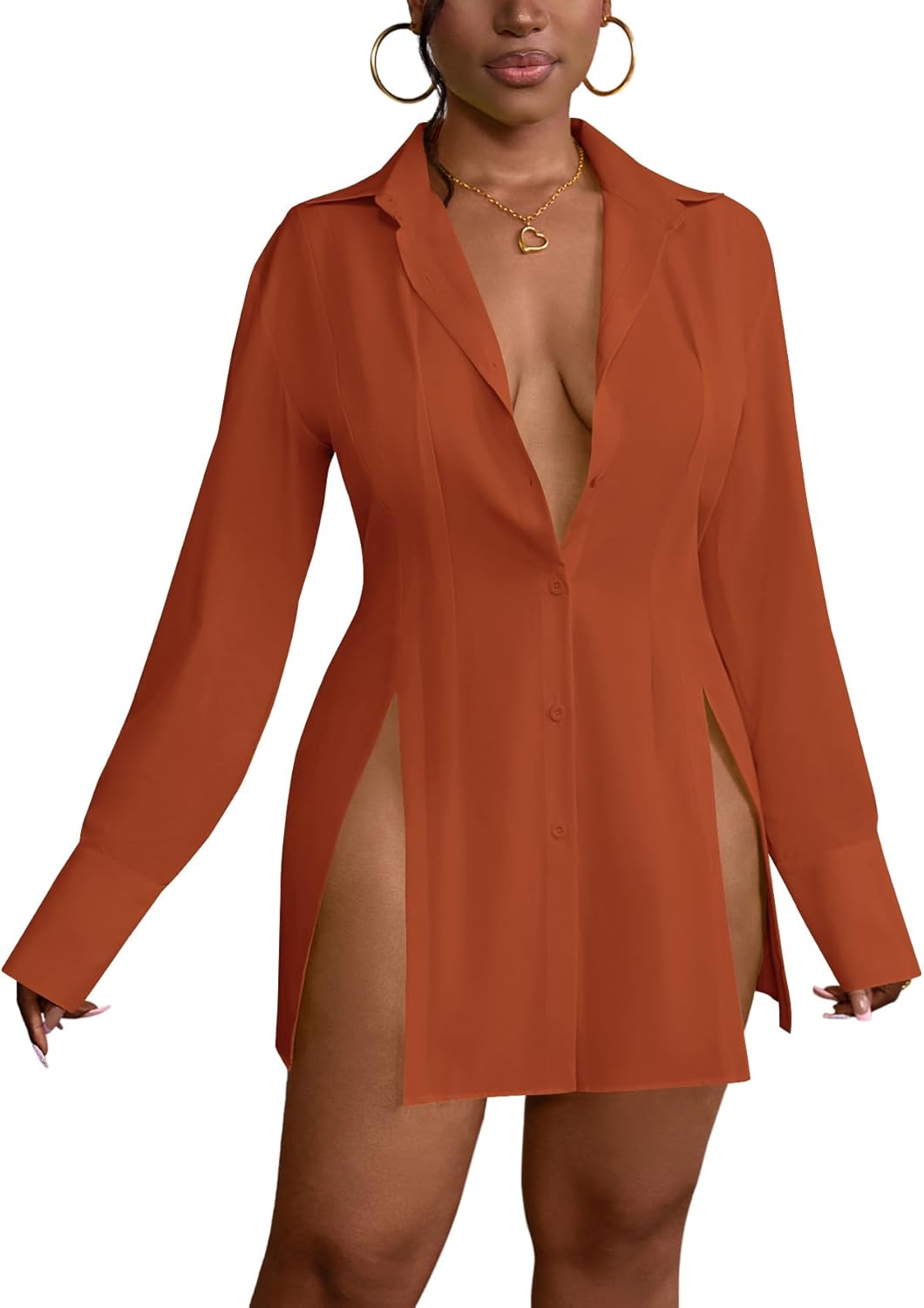 LYANER Women's Sexy V Neck Long Sleeve Button Down Shirt Dress