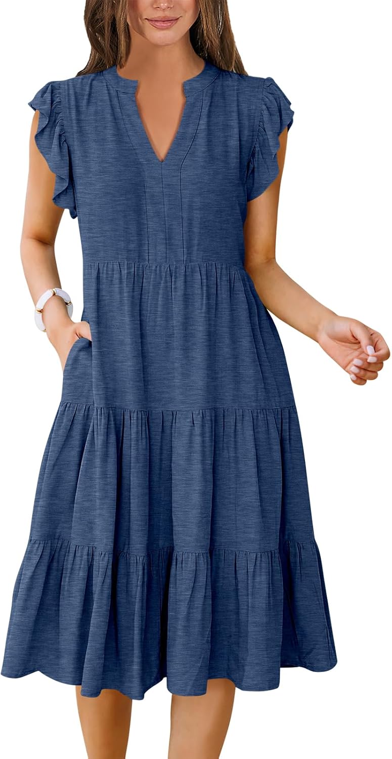 ANRABESS Womens Summer Dress Ruffle Sleeve V Neck Midi