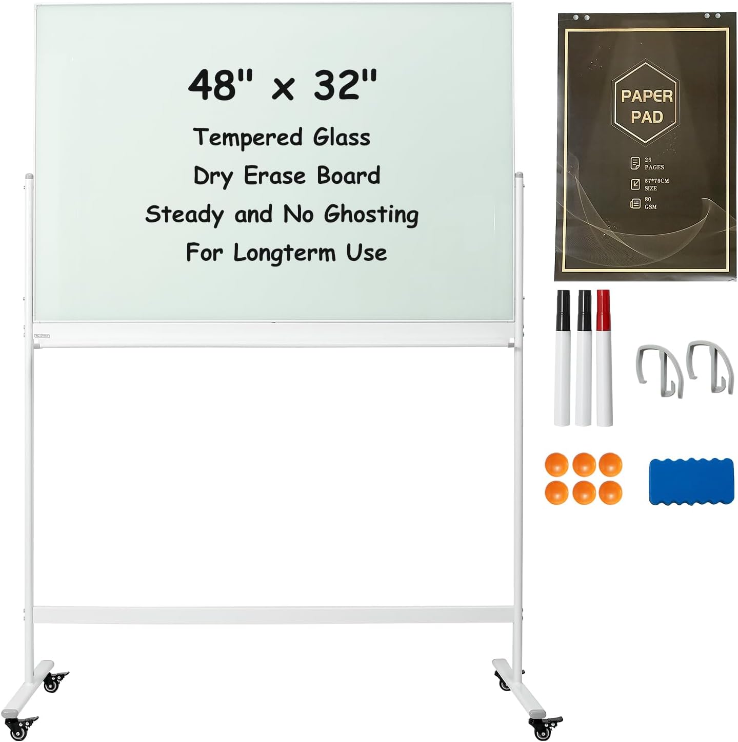 TSJ OFFICE Rolling Glass Whiteboard on Wheels - 48in x 32in