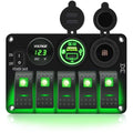 FXC Waterproof 5 Gang Rocker Switch Panel Green - USB, Type-C