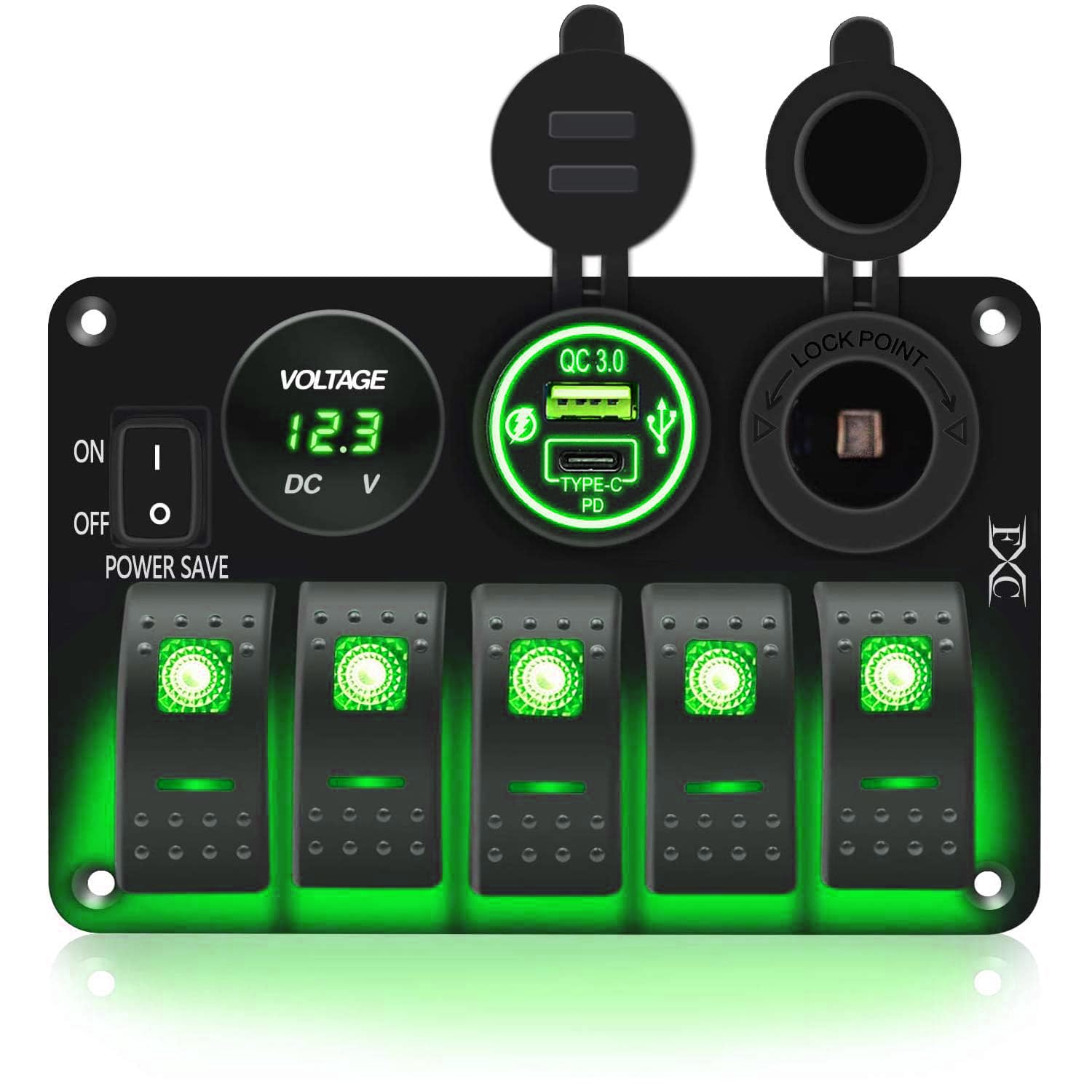 FXC Waterproof Rocker Switch Panel with USB and Cigarette Lighter