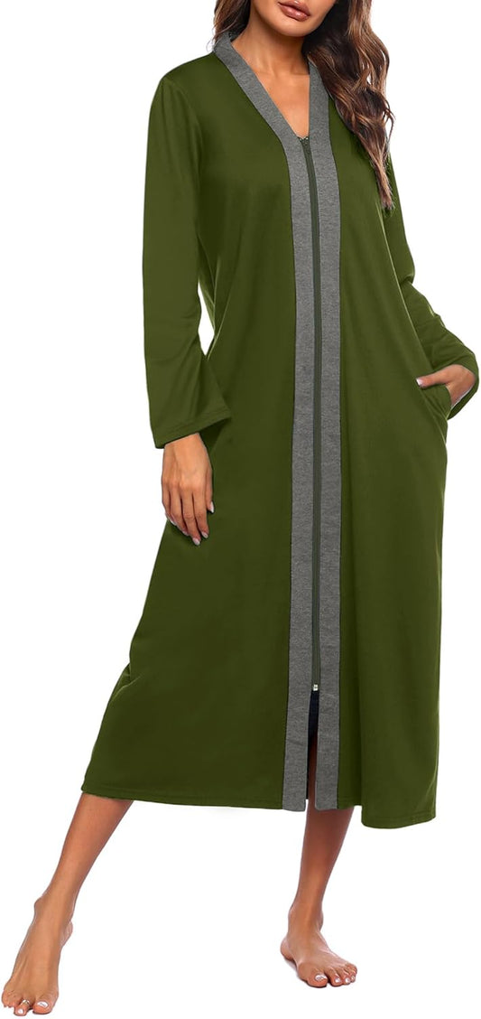 Ekouaer Women Zipper Robe Long Sleeve Lightweight Housecoat