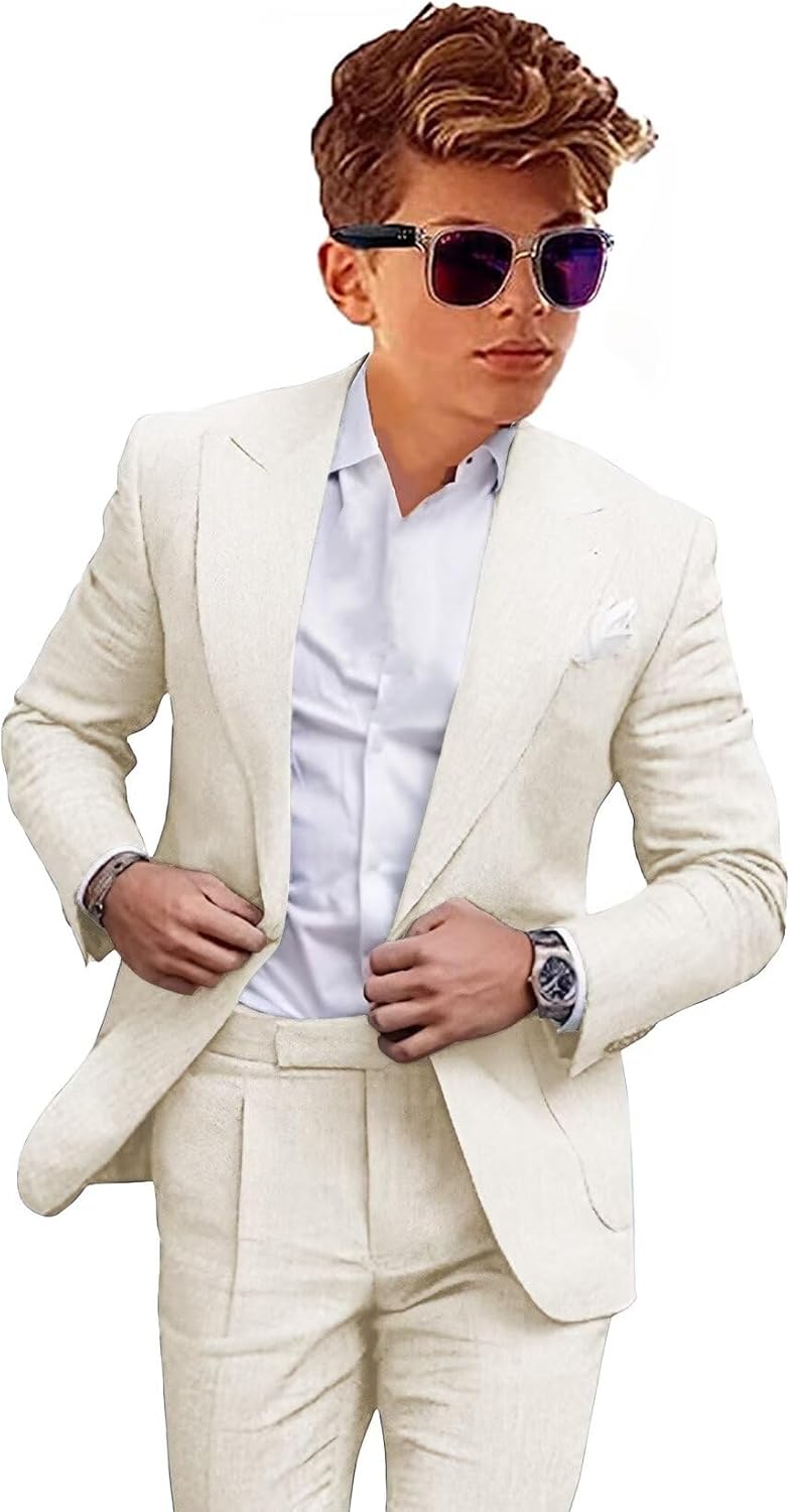 Boys Linen Suits Casual 2 Piece Summer Beach Wedding Tuxedo