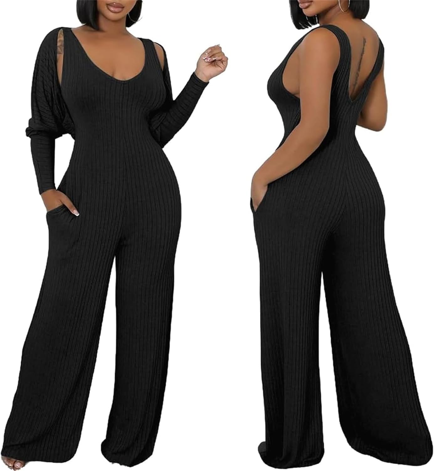 Women's Casual 2 Piece Outfits Ribbed Knitted Jumpsuit Set