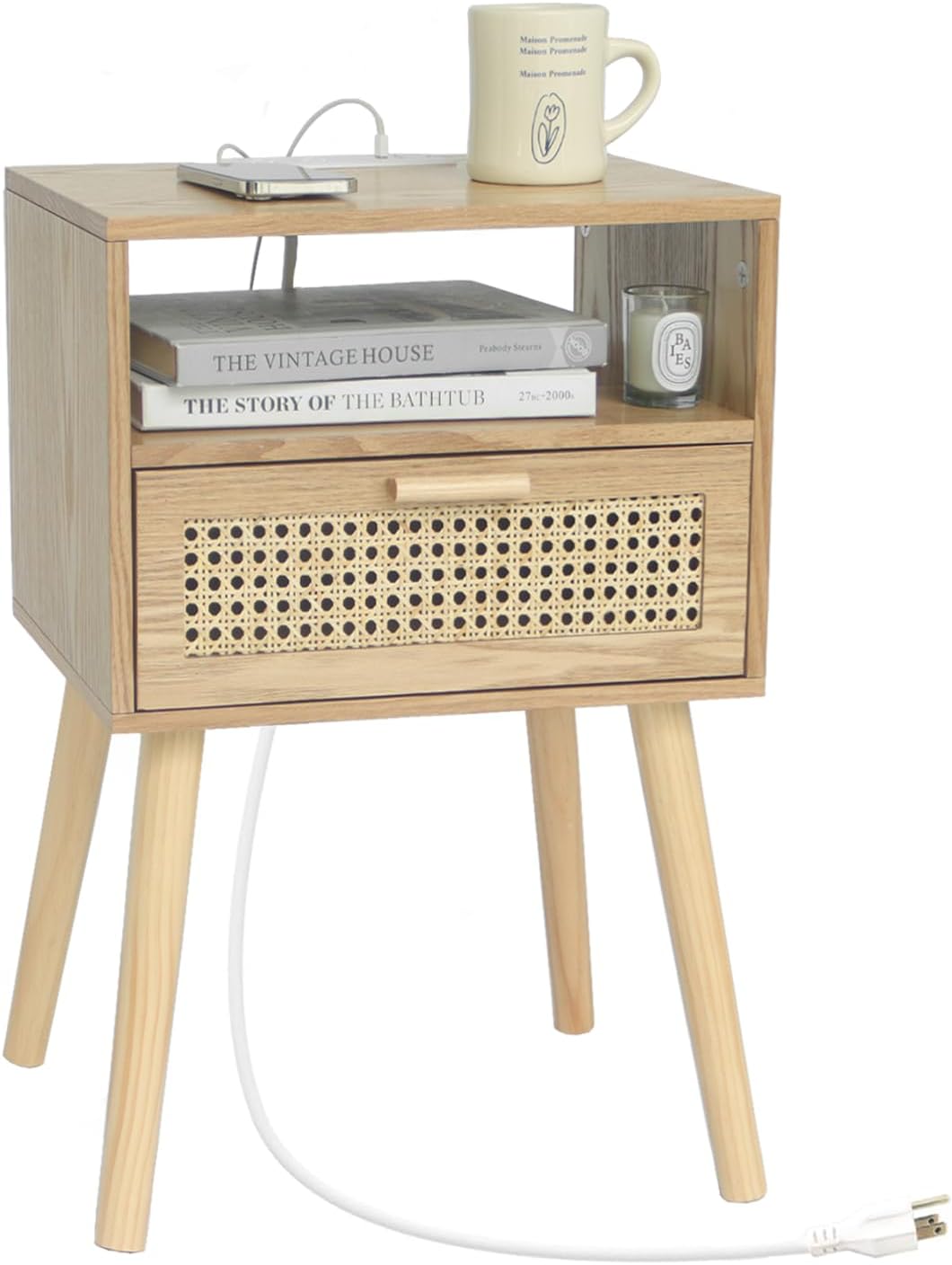 MaxSmeo Bedside Table with Charging Station for Small Spaces