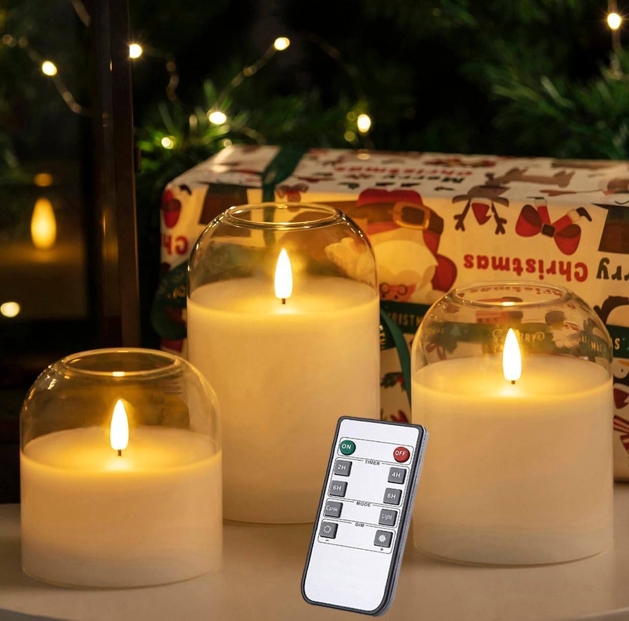 White Glass Flameless Candles Set of 3 with Remote Control