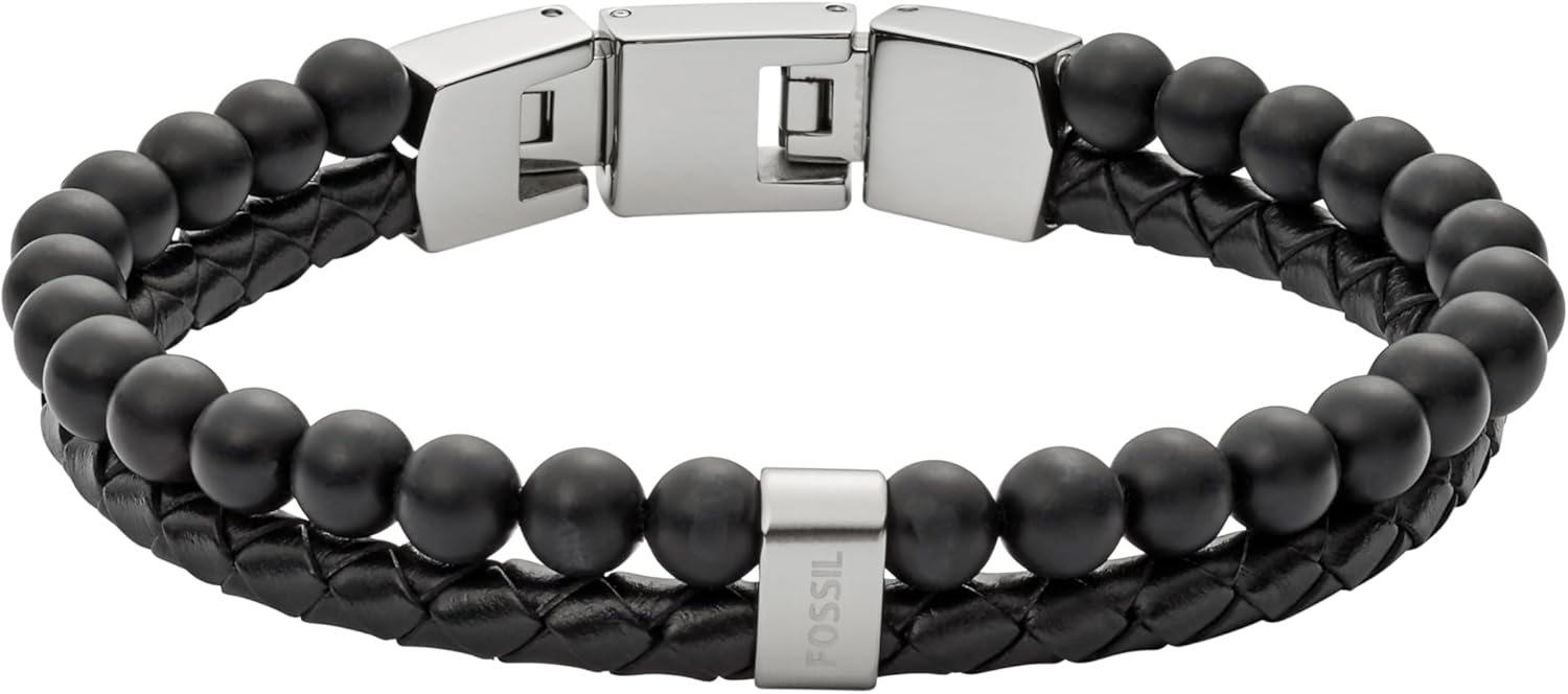 Fossil Men's Woven Leather and Beaded Bracelet for Stylish Edge