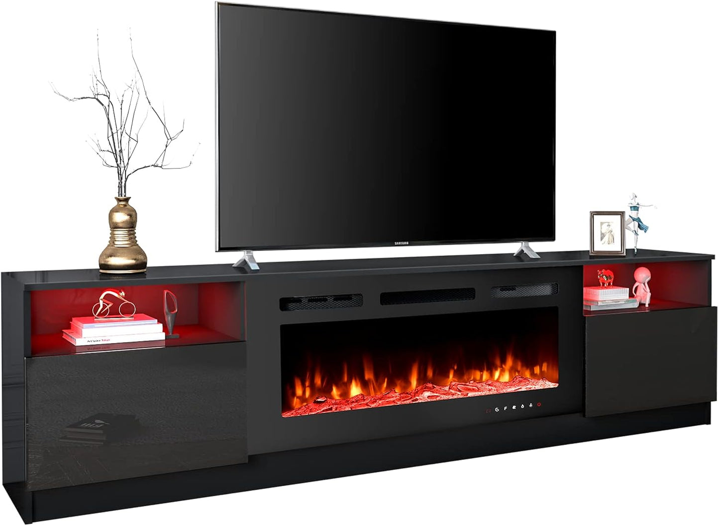 EROMMY 80'' Fireplace TV Stand - 12 Flame Insert, 16 Color Lights, TV Console for 90'' TVs