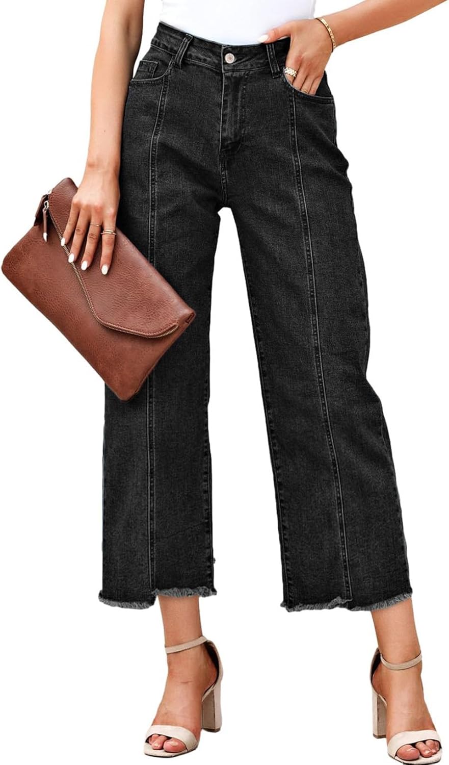 High Waisted Wide Leg Loose Fit Straight Leg Cropped Jeans