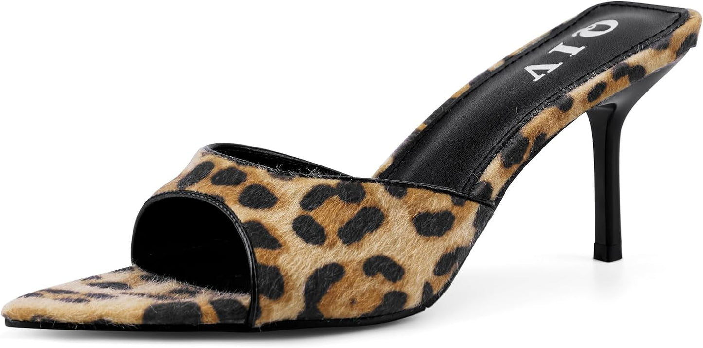 Chic Leopard Kitten Heels for Women Open Toe Mule Heels
