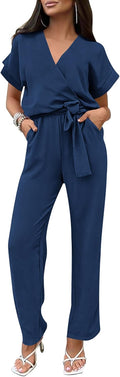 Women's Summer One Piece Jumpsuits - Belted Wide Leg Romper