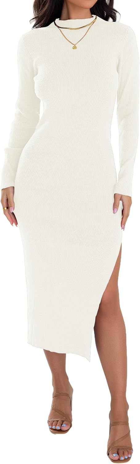 Ribbed Knit Dress for Women - Long Sleeve Mock Neck Style