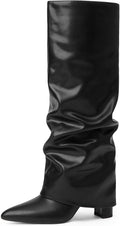 Knee High Boots Women Fold Over Chunky 3.5in Heel - Dress Tall Boots