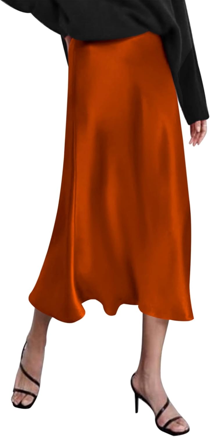 Elegant High Waisted Satin Midi Skirt for Stylish Women