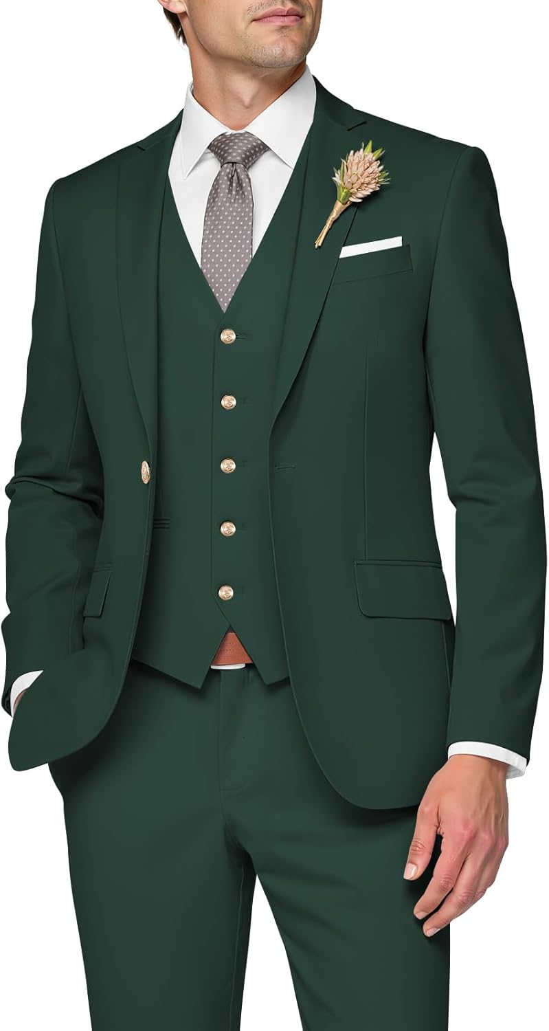 Elegant 3 Piece Slim Fit Wedding Suit for Men in Dark Green