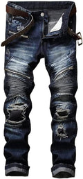AITITIA Men's Biker Zipper Deco Washed Straight Fit Jeans - Rugged