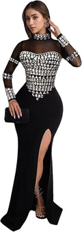 Women's Hot Drilling Mesh Rhinestone Dress - Sheer Long Sleeve Club