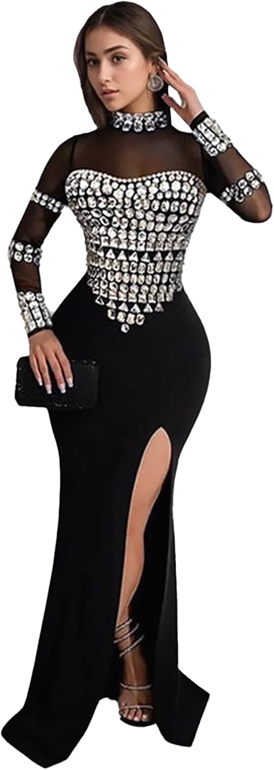 Hot Drilling Craft Sexy Long Sleeve Mesh Rhinestone Dress