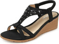 Womens Low Wedge Heels Platform Sandals - Rhinestone Flower Detail